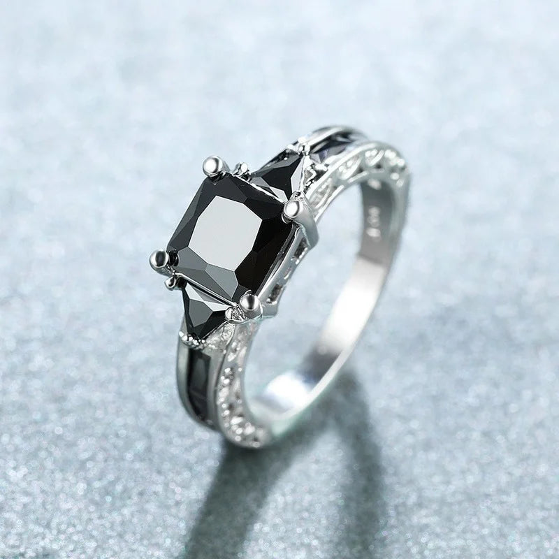 Delicate Silver Color Trendy Ring for Women Elegant Princess Cut Inlaid Black Zircon Stones Wedding Ring Engagement Jewelry