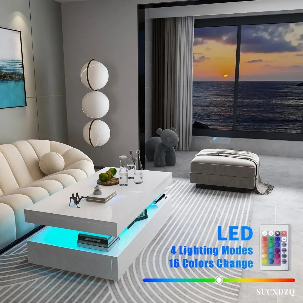 LED Coffee Table - White Modern High Gloss Coffee Table with RGB Light