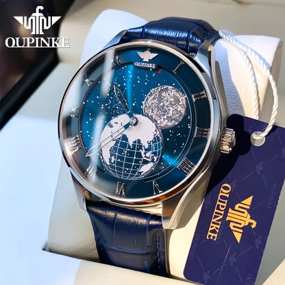 OUPINKE 3230 Men Watch Luxury 3D Earth Starry Sky Moon Phase Rotating Dial Business Waterproof Men Automatic Mechanical Watch