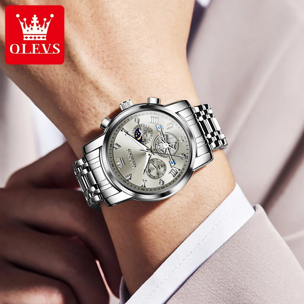 OLEVS Top Brand Men's Watches Classic Three Eyes Style Stainless Steel.