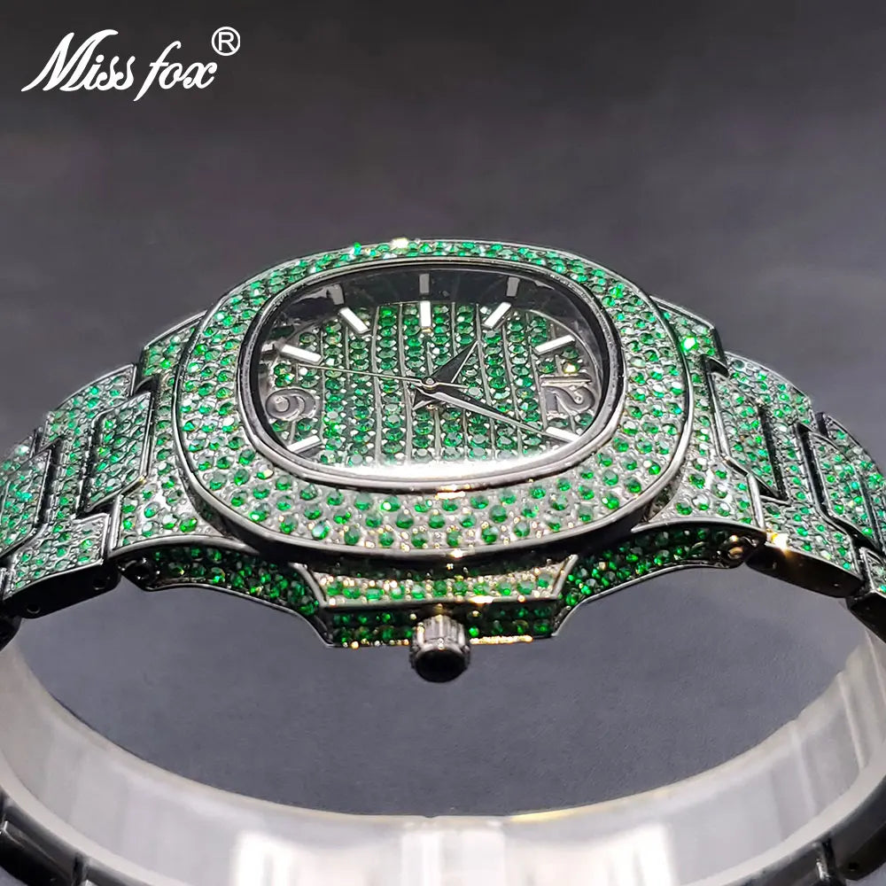 Green Watches For Men Full Diamond Iced Out Auto Date 3atm Waterproof Timepieces Square Blue Purple Watch For Man Dropshipping