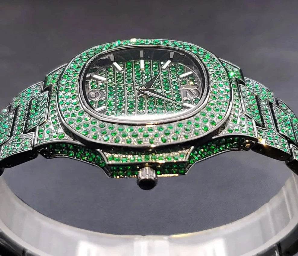 Green Watches For Men Full Diamond Waterproof.