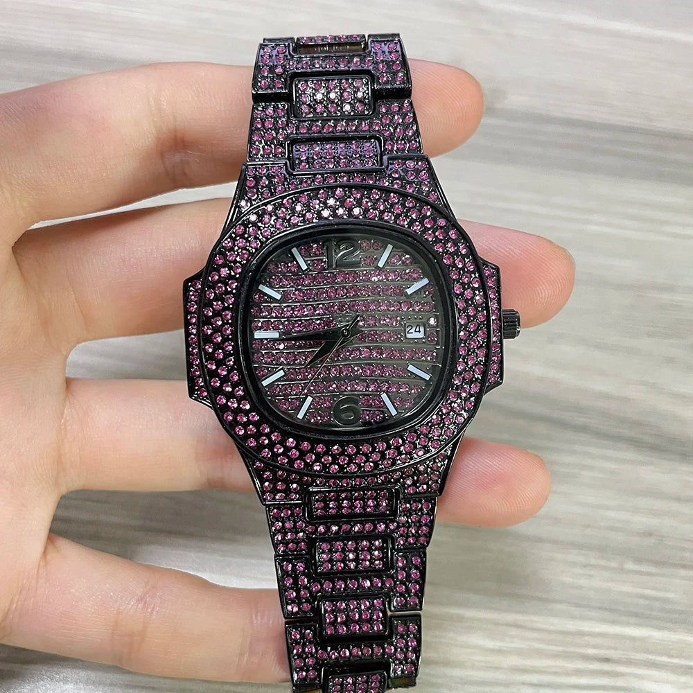 Pink Iced Diamond Hip Hop Watch.