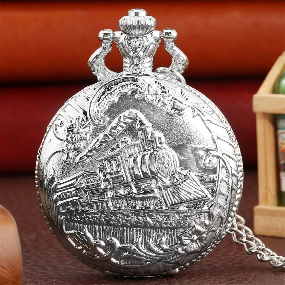 Vintage Retro Bronze Hollow Train Locomotive Steampunk Quartz Pocket Watch Women Men Necklace Pendant with Chain Birthday Gift