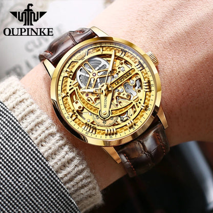 OUPINKE Men Watches Luxury Automatic Mechanical Self Winding Skeleton 5ATM Waterproof Sapphire and Tungsten Steel Wrist Watch