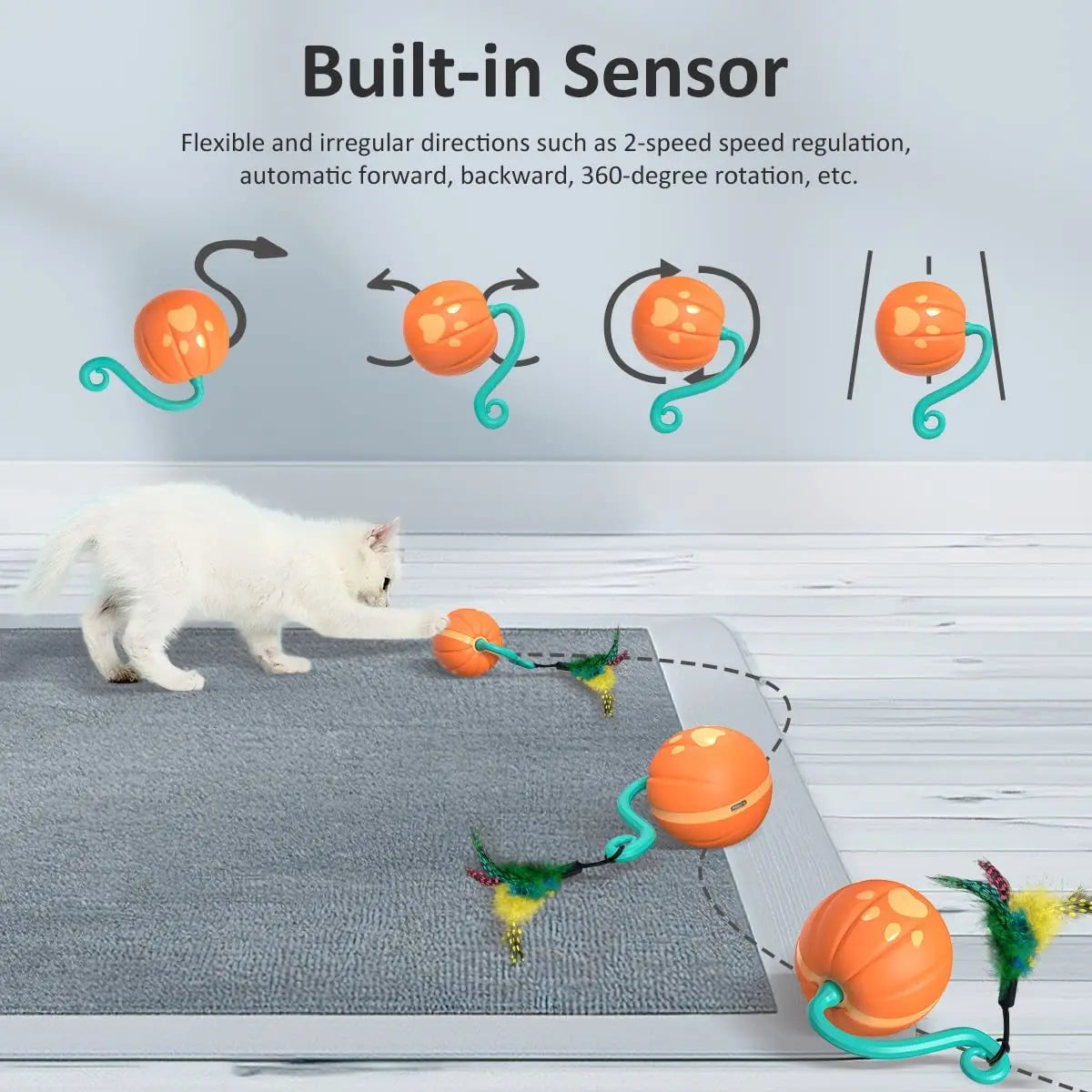 ATUBAN Cat Toy Smart Robotic,Cat Toys for Indoor Cat, Automatic Moving Ball with Feather Kitten Toys in Pack.USB Rechargeable