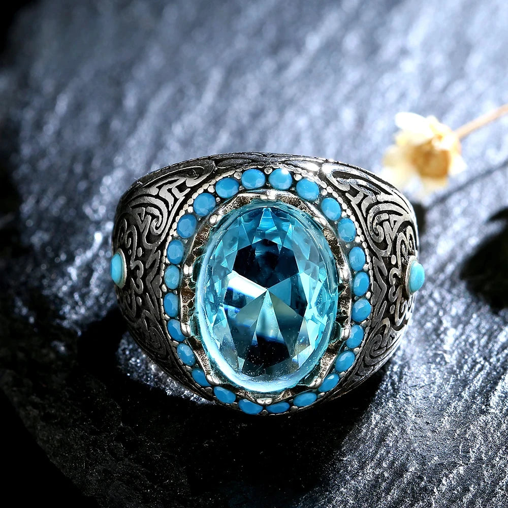 Silver Ring for unisex Blue Zircon Finger.