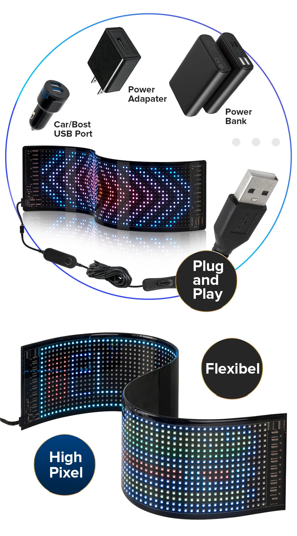 USB 5V LED Matrix Pixel Panel Bluetooth APP Flexible Addressable RGB Pattern Text Animation Graffiti Scrolling Display Car Shop