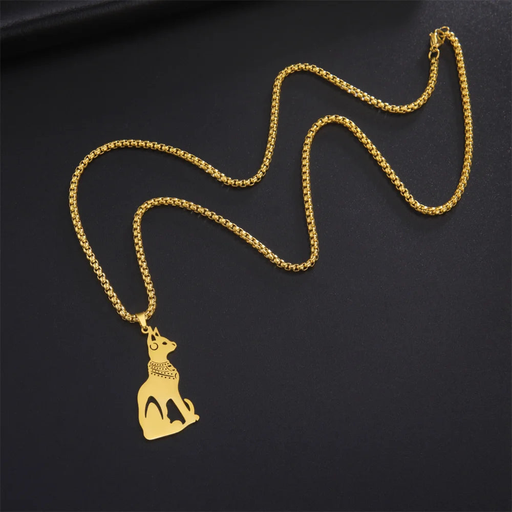 My Shape Egyptian Goddess Cat Bastet Necklaces for Men Ancient Egypt Animal Stainless Steel Necklace Choker Box Chain Jewelry