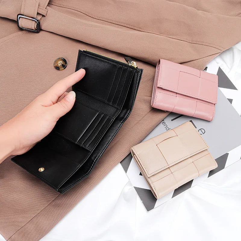 Brand New Short Wallet Fashion Women Genuine Leather Coin Purses Sheepskin Weave Female Card Holders Luxury 3-fold Money Clip