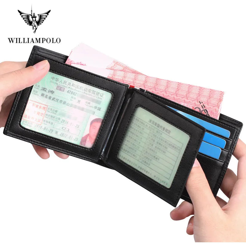 WILLIAMPOLO Luxury Brand Men Wallet Genuine Leather Bifold Wallet Bank Credit Card Case ID Holders Male Coin Purse Pockets