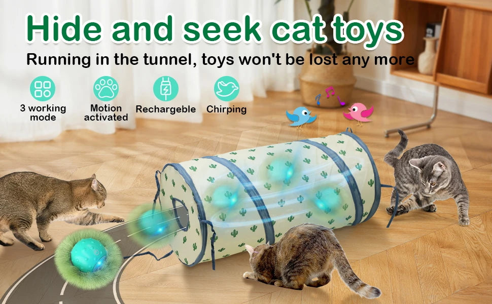 Cat Toys for Indoor Cats, Electric Cat Ball Fast Rolling in Pouch,Motion Activated Chirping Cat Toy,Hide and Seek Cat Toy