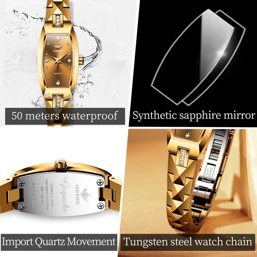 OUPINKE Original Watch for Women Luxury Diamond Gold Sapphire Quartz Waterproof Tungsten Steel Swiss Watches Bracelet Gift Set