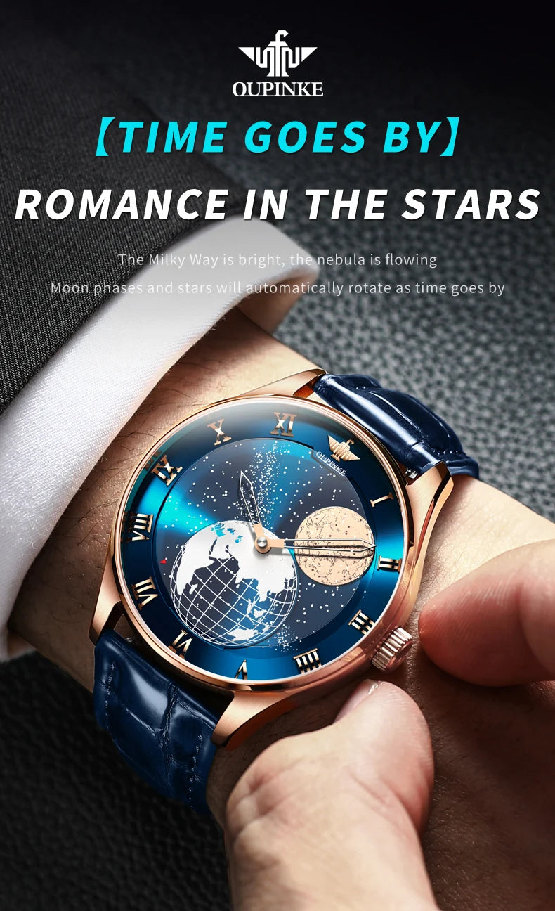 OUPINKE 3230 Men Watch Luxury 3D Earth Starry Sky Moon Phase Rotating Dial Business Waterproof Men Automatic Mechanical Watch