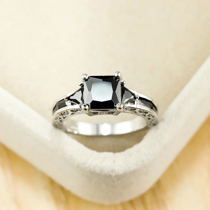 Delicate Silver Color Trendy Ring for Women Elegant Princess Cut Inlaid Black Zircon Stones Wedding Ring Engagement Jewelry