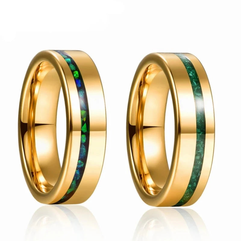 Tungsten Carbide Ring with Gold Polished Inlaid Green Opal &amp;amp; Malachite