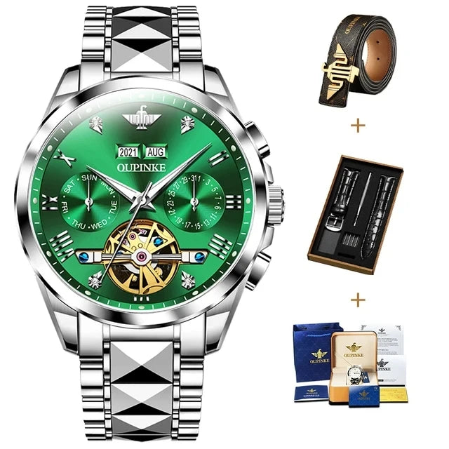 OUPINKE 3186 High Quality Luxury Skeleton Flywheel Automatic Watch for Men 5Bar Waterproof Dual Calendar Brand Men&