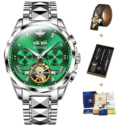 OUPINKE 3186 High Quality Luxury Skeleton Flywheel Automatic Watch for Men 5Bar Waterproof Dual Calendar Brand Men&