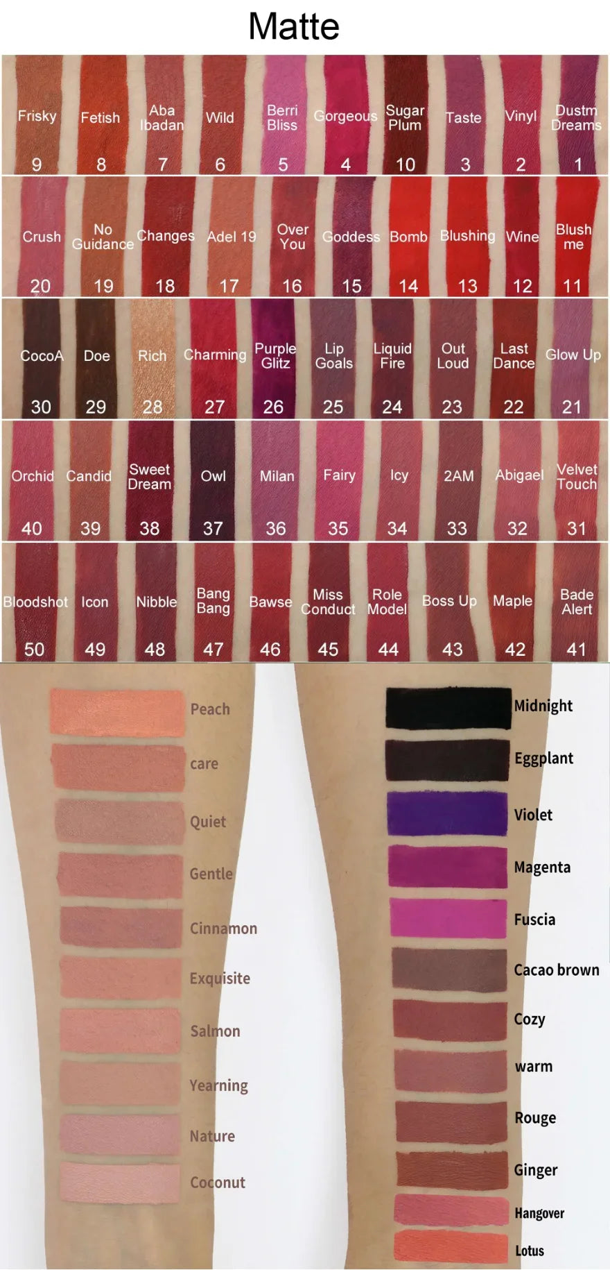 Matte lipstick swatches showcasing a variety of colors, including reds, pinks, browns, and purples on different skin tones.