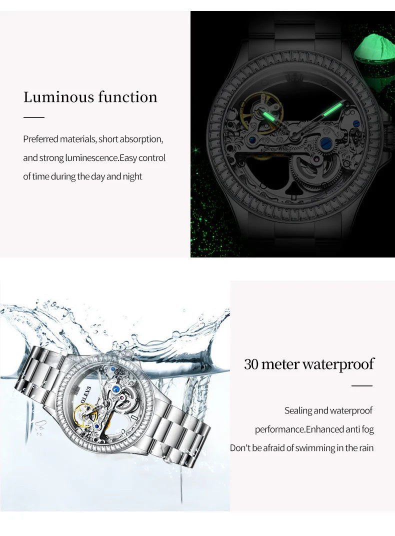 OLEVS 6699 Luxury Original Mechanical Watch For Women Hollow Skeleton Top Brand Wristwatch Waterproof Fashion Woman Watches 2024