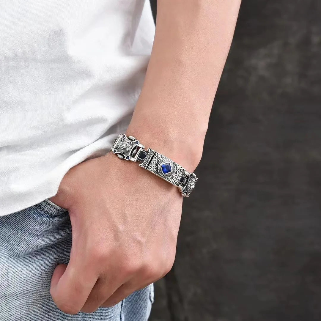 BOCAI New18MM S925 Sterling Silver Domineering Personalized Arabic Style Blue Diamond Lion Bracelet Men's Gift