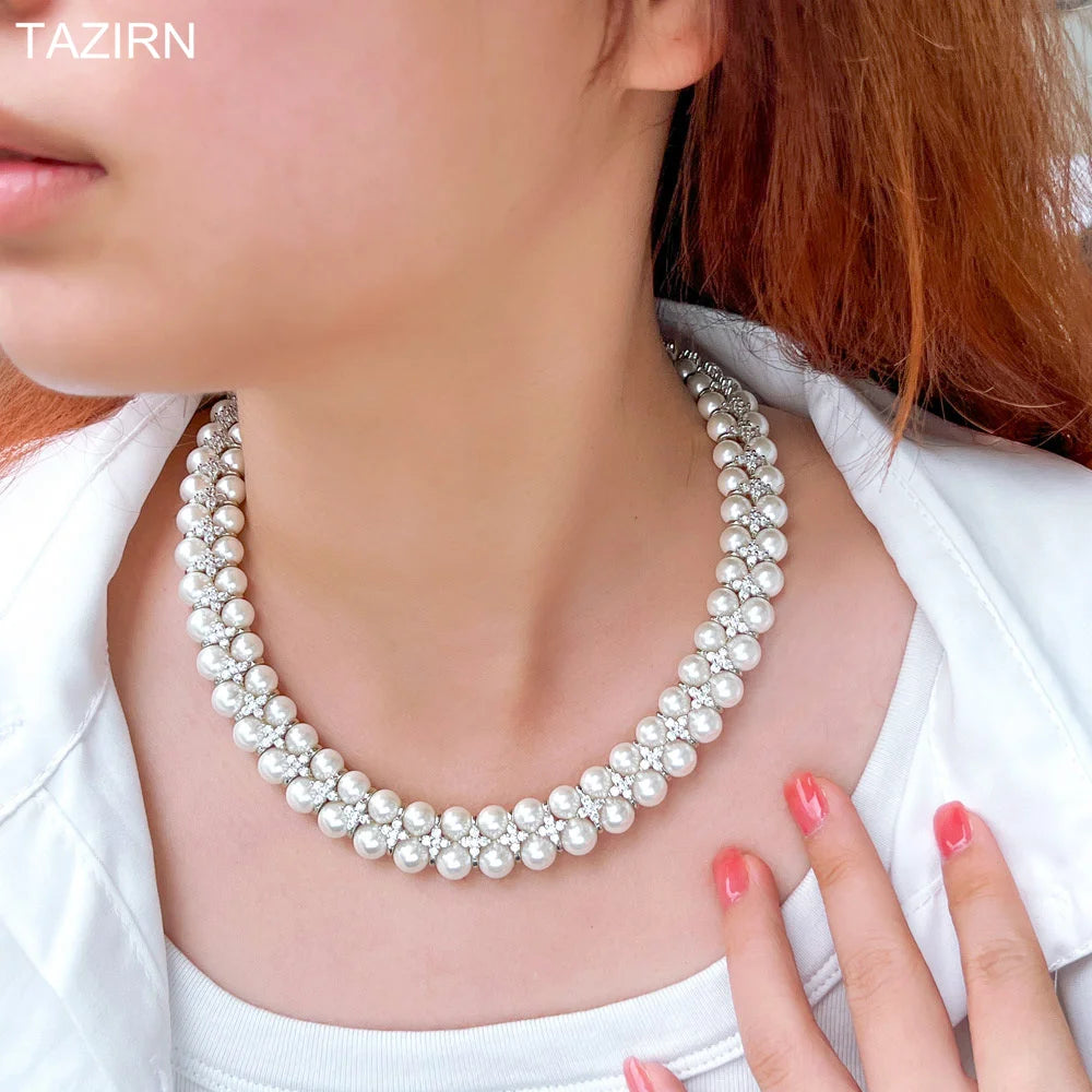 TAZIRN Arabia Dubai 5A Cubic Zirconia White Color Natural Pearls Necklace.