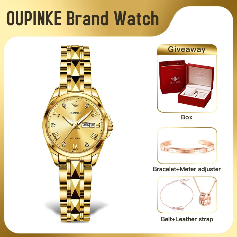 OUPINKE 3171 Women Watch Top Original Luxury Brand Automatic Mechanical Watch Waterproof  Date week Watches For Women Freebie