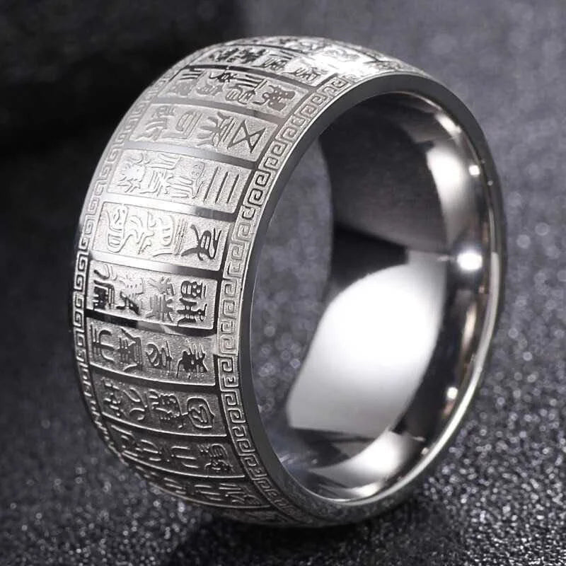 Fashion Titanium steel Chinese seal characters Carving Taoism Taiyi Golden Light Mantra Pray for good luck Charms Ring Jewelry