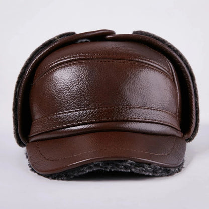 Winter Bomber Hat Men Russian Brown Leather.