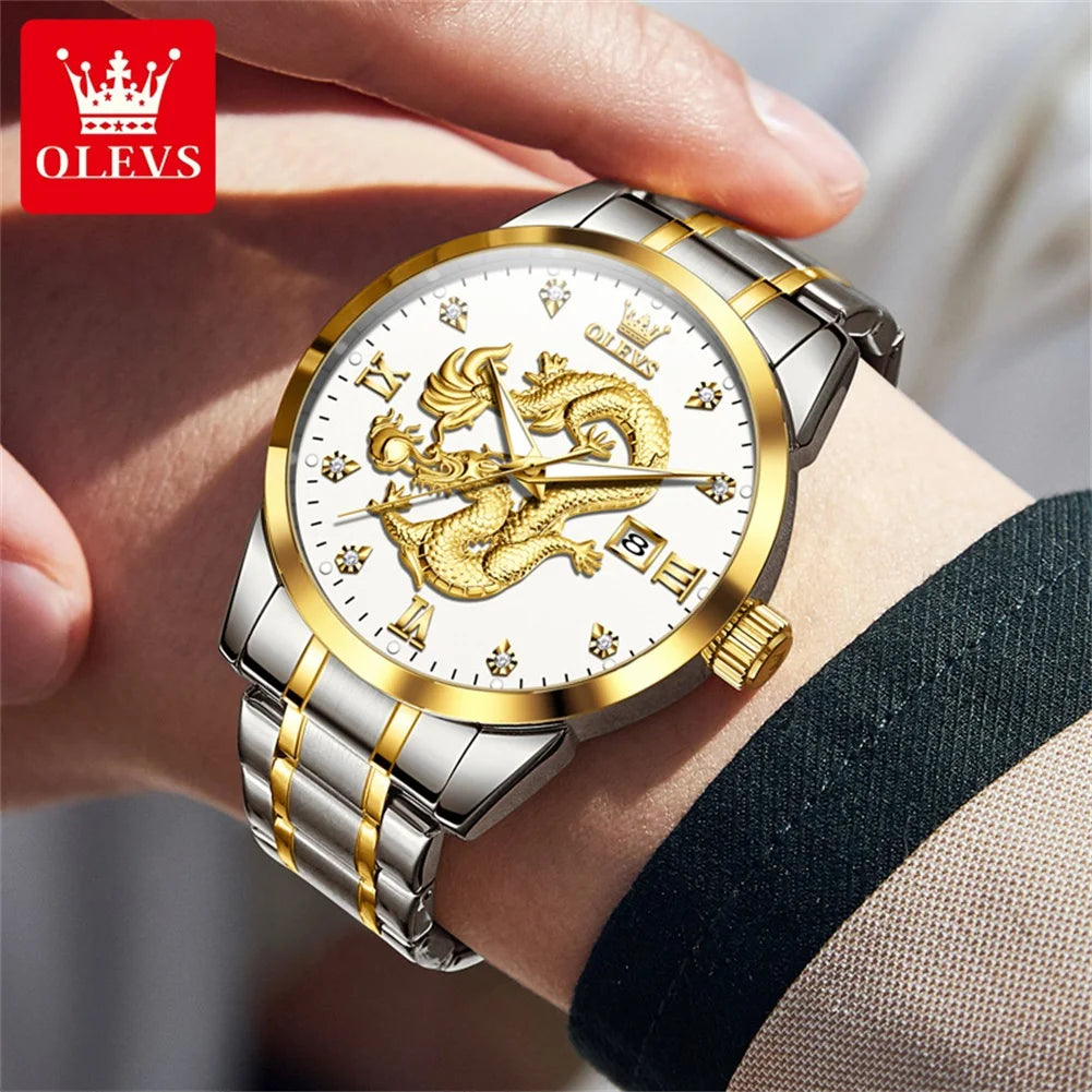 OLEVS Luxury Brand New Men's Watches Dragon Waterproof Domineering Quartz Watch Stainless Steel Strap Original Male Wristwatch