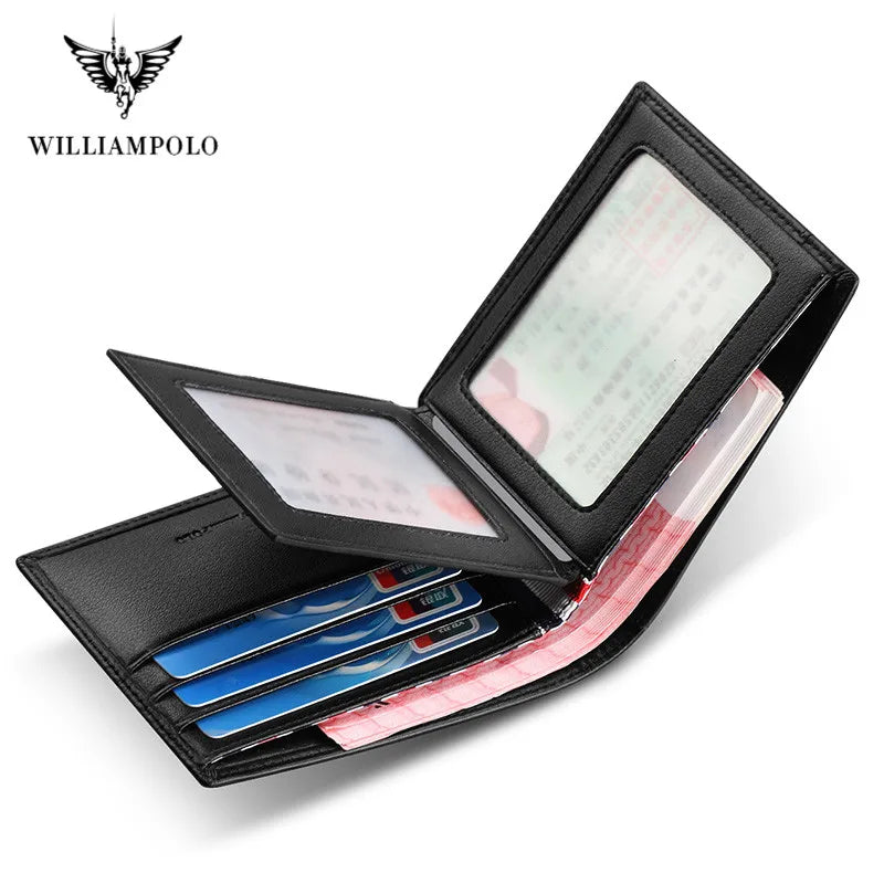 WILLIAMPOLO Luxury Brand Men Wallet Genuine Leather Bifold Wallet Bank Credit Card Case ID Holders Male Coin Purse Pockets