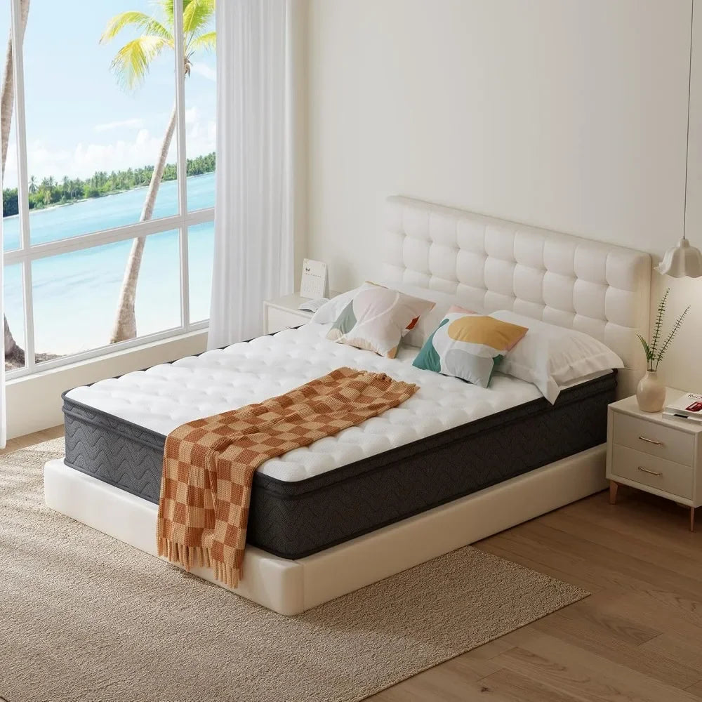 Queen Mattress, 10 Inch Innerspring Hybrid Mattress in a Box, Individually Pocket Coils for Motion Isolation & Cool Sleep