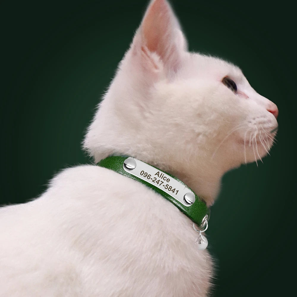 Personalized Cat Collar Adjustable Leather Pet Cats Collars Necklace Custom Puppy Kitten Name Collars Anti-lost Cat Accessories