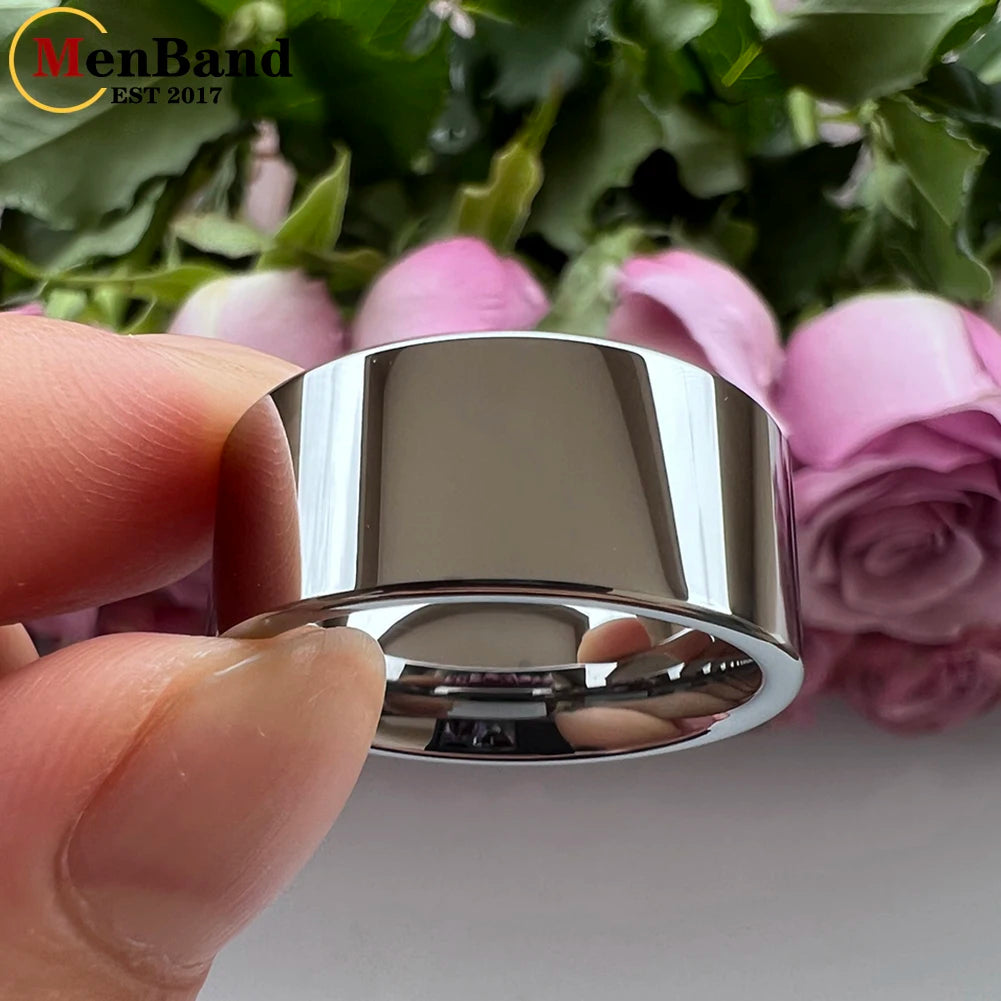 Wide Glossy Large Men's Ring Shiny Wedding Ring with Tungsten Flat Finish Design, Comfortable Fit