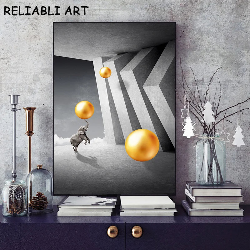 Modern Animal Elephant Giraffe Zebra Metal Ball Abstract Canvas Painting Wall Art For Living Room Home Decor No Frame