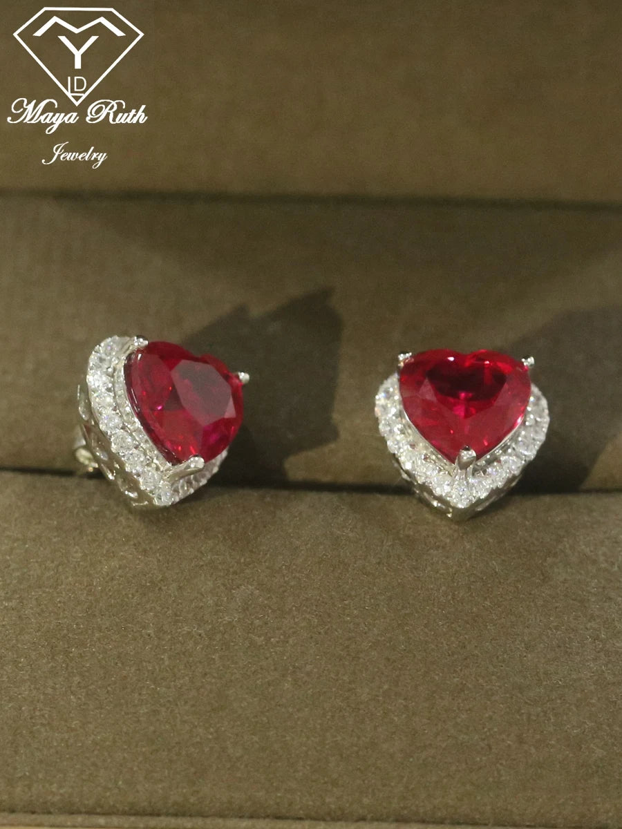 Lab Created Ruby Red Gemstone 925 Sterling Silver Heart Shape Earrings For Women White Gold Plated Gifts For Wife Girlfriend