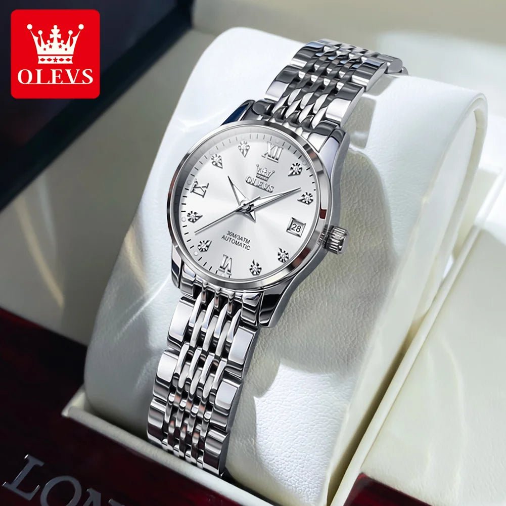 OLEVS Women's Mechanical Watch Bracelet Sets Classic Silver Watchstrap Ladies Wristwatches Elegant Luxury Brand Watch for Women