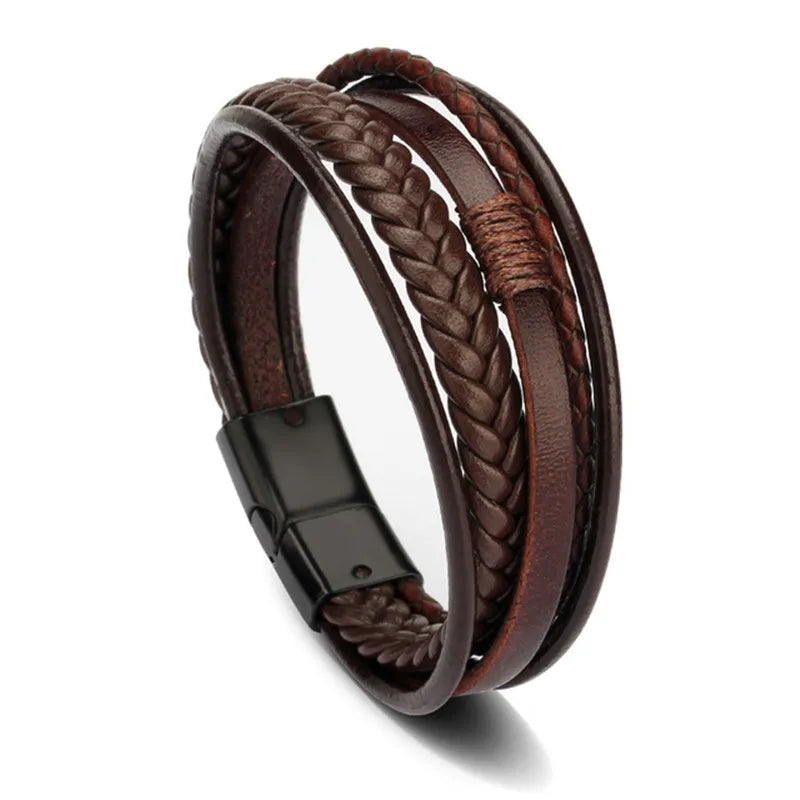 New Mens Magnetic Leather Bracelets Handmade Braided Multilayer Cord Ethnic Jewelry Accessories Male Armband Gifts