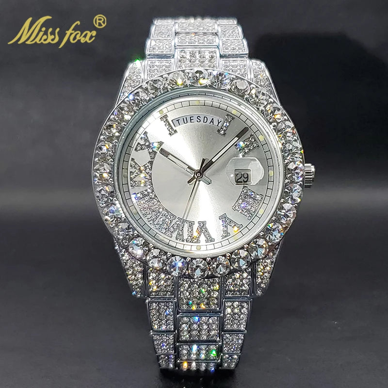 Men's Watches Adjust Date Day Stylish Hip Hop Rapper Style Diamond Watch For Man Women Waterproof Cool Trendy Accessorice New In