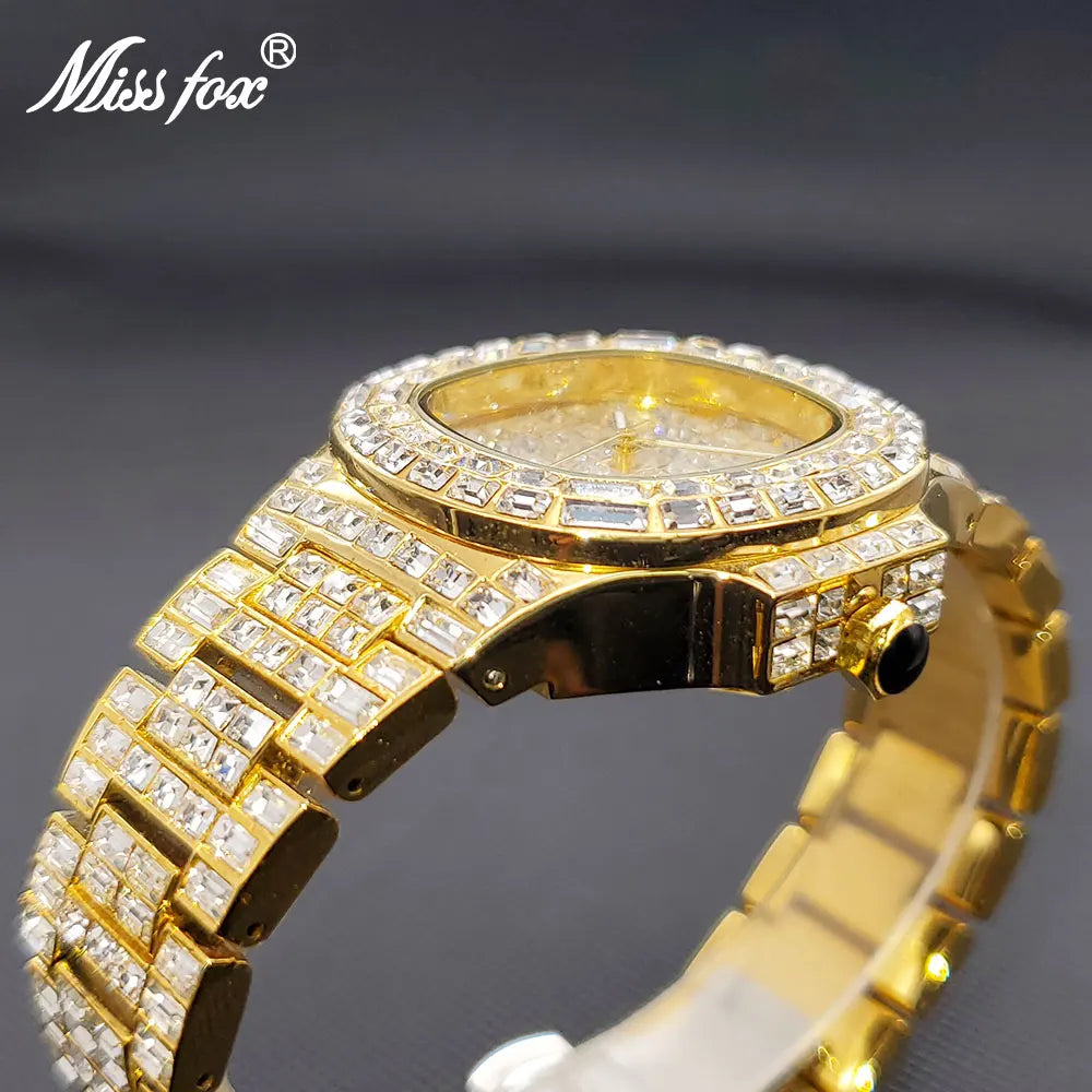 Men's Gold Quartz Watch Luxury Classic Stylish Square Baguette Diamond Wristwatches For Men Calendar Waterproof Hand Clock New