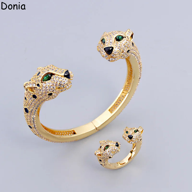 Donia jewelry Europe and America double head green eye leopard titanium steel inlaid AAA zircon bracelet ring luxury jewelry set