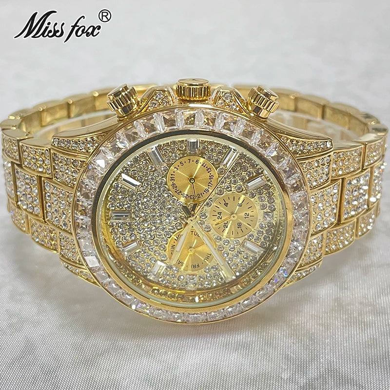 2022 Luxury Brand MISSFOX Gold Hip Hop Watches Men Fashion Rainbow Diamond Waterproof Smart Watch Full Steel Sports Clocks Male