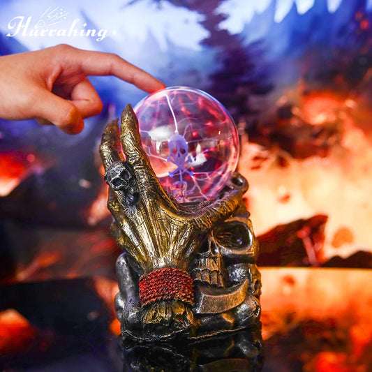 Hand touching Five-fingered Grimace Crystal Plasma Light, 4-inch glass ball with plasma lightning effect, indoor decoration.