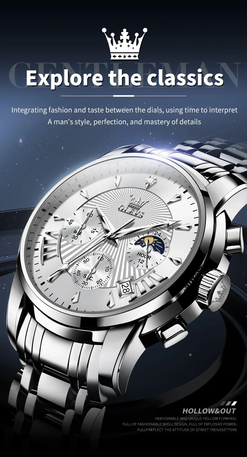 OLEVS Luxury Brand Quartz Watch for Men Waterpoof Chronograph Men's Wristwatch Auto Date Dual Calendar Moon Phase Man Watch New