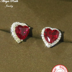 Lab Created Ruby Red Gemstone 925 Sterling Silver Heart Shape Earrings For Women White Gold Plated Gifts For Wife Girlfriend