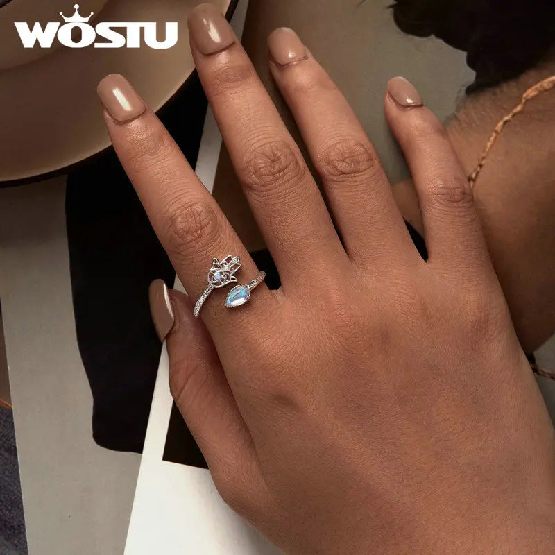 WOSTU 925 Sterling Silver Lucky Hand Of Fatima Opening Ring Rainbow Moonstone Teardrop Stackable Rings Party Jewelry Gift