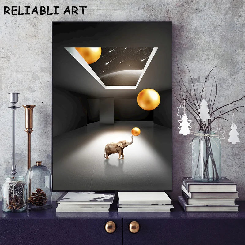 Modern Animal Elephant Giraffe Zebra Metal Ball Abstract Canvas Painting Wall Art For Living Room Home Decor No Frame