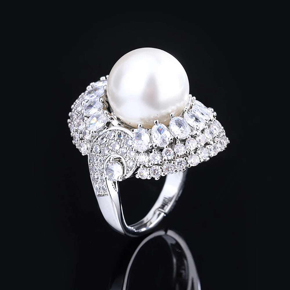 Charms 14MM White Black Big Pearl Adjustable Rings for Women Lab Diamond Cocktail Party Fine Jewelry Wedding Accessories Gifts