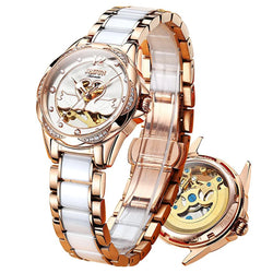 Luxury Mechanical Women Watch Love Swan Design Skeleton Elegant Ceramics Strap Waterproof  Ladies Wristwatch Girls Dress Watch