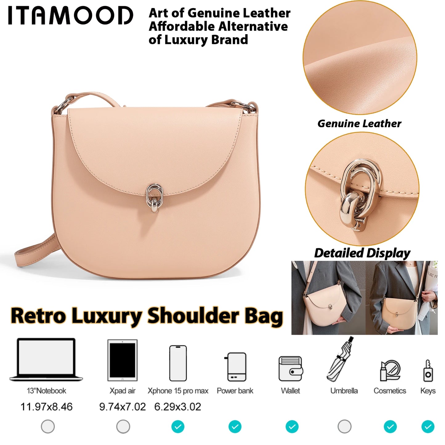 ITAMOOD Genuine Leather Fashion Women's Saddle Bag, 2024 New Luxury Shoulder Bag, Original Design Simple Crossbody Bag